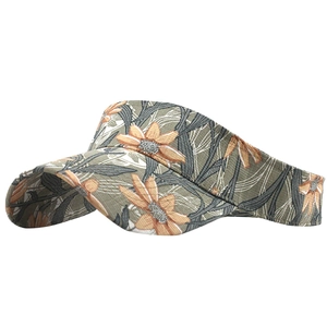 Detailed side view of floral print sun visor with orange flowers and gray-green leaves