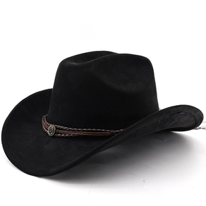 Detail of western cowboy hat featuring braided leather band and vintage metal buckle
