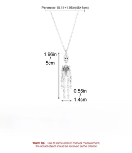 Detailed dimension chart for gothic skeleton pendant necklace with product specifications