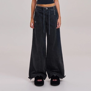 Women Cotton Wide Leg Cargo Pants High Waist Drawstring Loose Streetwear Washed Casual Trousers