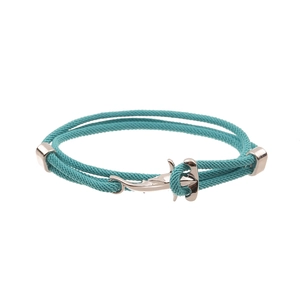 Detail of teal nautical braided rope bracelet with silver shark anchor metal clasp