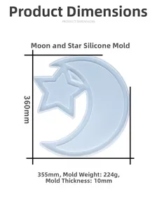 Size chart for moon and stars tray silicone mold showing dimensions and 10mm thickness