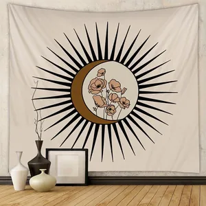 Bohemian Tapestry Wall Hanging Polyester Sun Moon Floral Print Boho Aesthetic Decorative Background Cloth For Bedroom Living Room