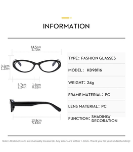 Detailed size specifications for vintage oval heart stud cat eye glasses frames