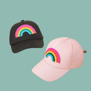 Pink and black cotton baseball caps for kids with plush rainbow towel embroidery