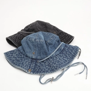 Vintage washed denim bucket hats in navy and grey with adjustable chin straps for women