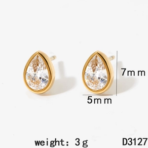 Detailed view of pear-cut zircon stud earrings with gold plating and size measurements