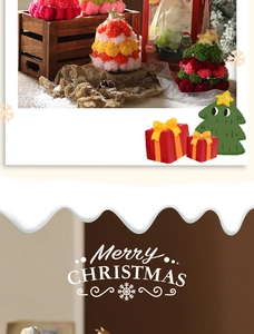 Detail showing plush pom-pom Christmas trees with gold stars and beads in a snow scene