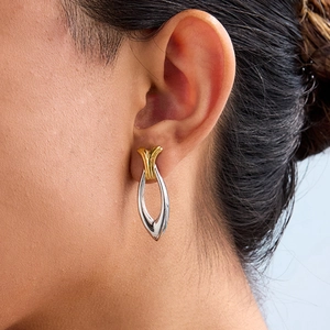 Elegant 18K gold and silver two-tone teardrop earrings in polished stainless steel