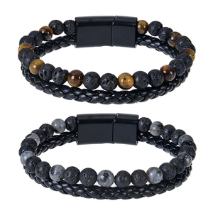 Double Layer Natural Stone Tiger Eye Lava Stone Bead Bracelet Leather Rope Magnetic Clasp For Men Fashion Jewelry