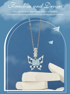 Exquisite blue enamel butterfly pendant in s925 sterling silver with sparkling stones