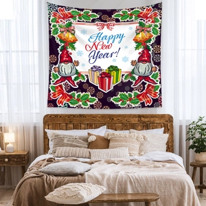 Detail of Happy New Year tapestry with cartoon gnomes and festive decor in bedroom