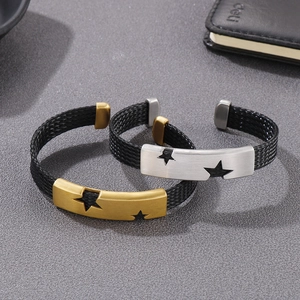 Hip hop titanium steel star woven cuff bracelet in gold and silver finishes