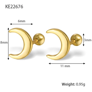Gold S925 sterling silver moon screw back earrings with detailed size measurements