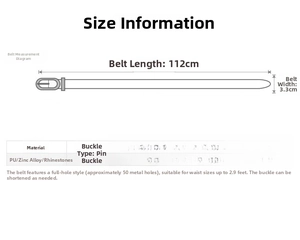 Size chart for rhinestone belt showing 112cm length and 3.3cm width dimensions