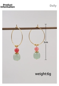 Detail of Chinese style drop earrings featuring pink and green beads with 5cm length info