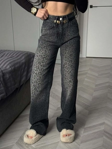 Jeans In Denim Con Stampa Leopardata Da Donna Vita Alta Gamba Larga Cotone Casual Streetwear