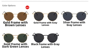 Detailed matrix display of round vintage sunglasses in gold, silver and black metal frames
