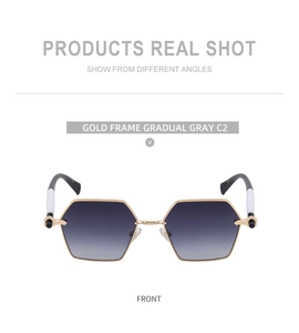 Front view of gold hexagonal sunglasses with gradient gray lenses and metal frames