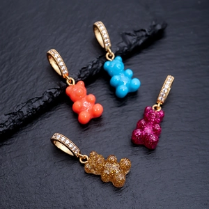 Colorful resin gummy bear pendant necklaces with sparkling glitter and crystal bail