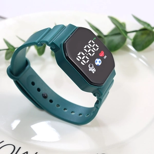 Close-up of dark green LED watch with astronaut screen and soft silicone strap