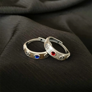 Vintage floral engraved adjustable open rings with blue and red gemstone accents