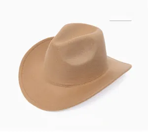 Detail of camel wool felt fedora hat showing wide brim stitching and structured crown