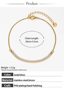 Detailed spec view of a gold stainless steel zircon anklet showing 20cm chain length
