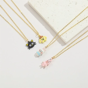 Golden necklace set with cute cartoon cat dog and rabbit oil drip pendants