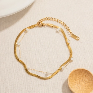 Double Layer Anklet Stainless Steel 18K Gold Plated Flat Snake Bone Chain Round Shell Beads Foot Jewelry For Women