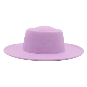 Lavender wool felt flat top boater hat with wide straight brim for men and women