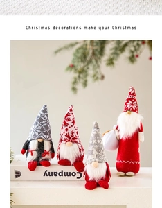 Detail of four handmade Christmas gnomes with knitted hats and long white beards on a table