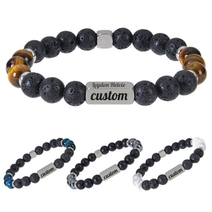 Natural Tiger Eye Lava Stone Beaded Bracelet With Stainless Steel Plate Projection Charm For Men Women Elastic Wristband