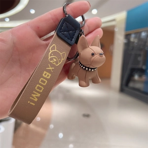 Khaki cartoon French Bulldog keychain with a diamond collar and leather wrist strap