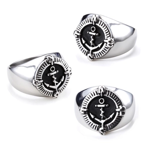 Anchor Compass Signet Ring Stainless Steel Nautical Vintage Punk Rock Jewelry For Men Polished Finish