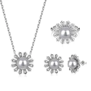 Argent Sterling 925 Künstliche Perle Grise Zircone Collier Boucles D'Oreilles Bague Fleur De Soleil Bijoux Élégants Femmes