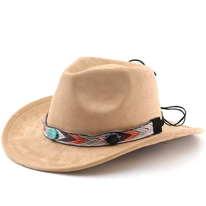 Ethno-Khaki-Wildleder-Cowboyhut mit Türkisperle und gewebtem Band für Damen