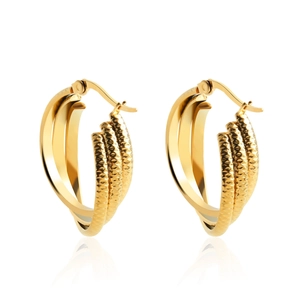 Three-layer C-shape gold earrings featuring textured lattice and polished finish