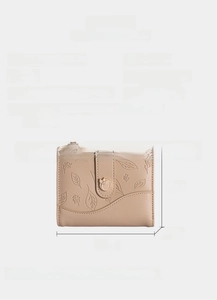 Detailed specs of apricot short PU leather wallet with leaf texture and 11.5x9.5x1.5cm size