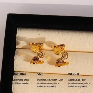 Vintage gold coin portrait C-shape earrings made of brass with S925 silver needles