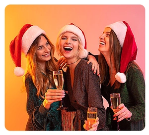 Cheerful group wearing glowing plush Christmas hats at a festive holiday party with champagne