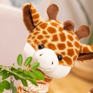 Cute plush giraffe toy with heart patterns and striped scarf for children's comfort