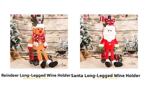Detail of knitted Christmas elk and Santa wine bottle covers with long legs and buttons