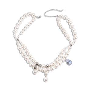 Multi-layer pearl necklace with purple zircon drop pendant and silver bead accents