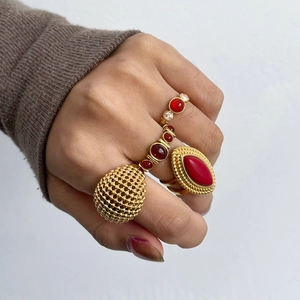 Vintage gold hollow metal ball and oval red agate stainless steel rings for women