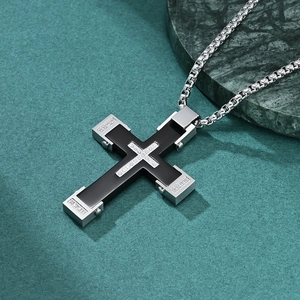Punk style cross pendant necklace in black and silver metal with sparkling stone inlay