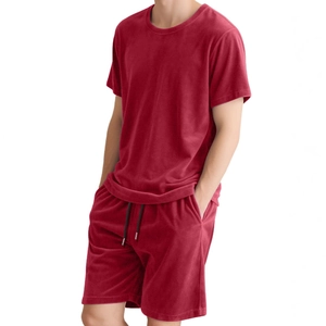 Men's casual t-shirt and shorts set in burgundy velvet fabric on white background