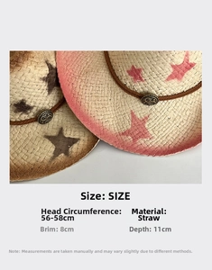 Detail of woven straw cowboy hats with star patterns, showing paper straw texture and beads