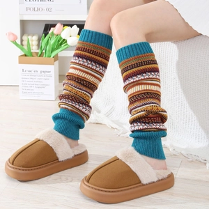 Jambières en Tricot Ethnique Bohème pour Femmes Hiver Chaud Motif Rayé Jacquard Crochet Longues Chaussettes Couvre-Pieds