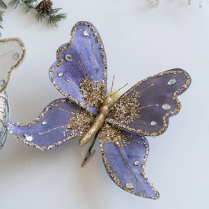 Exquisite purple fabric Christmas butterfly ornament with gold glitter and sequins